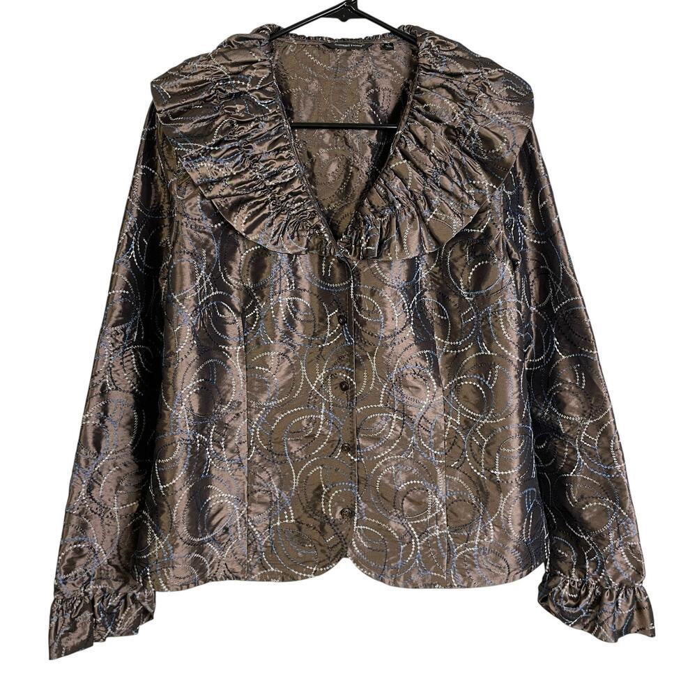 Samuel Dong Jacket Womens Large Brown Embroidered Button Up Ruffle Collar Career